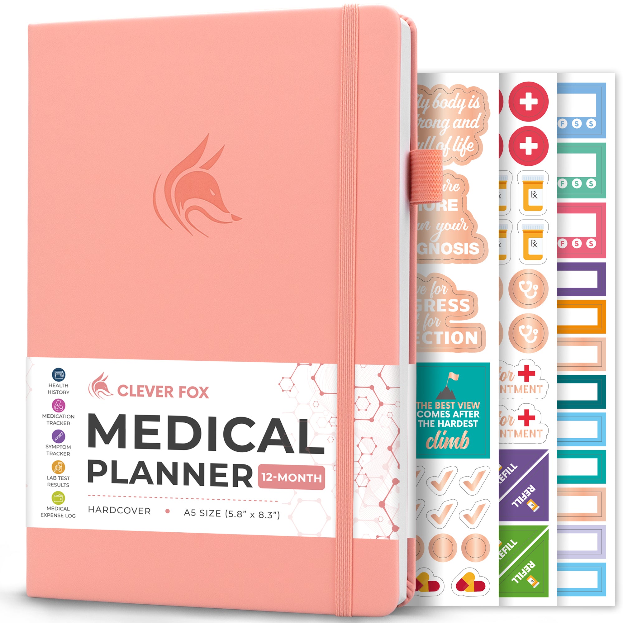 Clever Fox 12-Month Medical Planner hardcover with sticker sheets