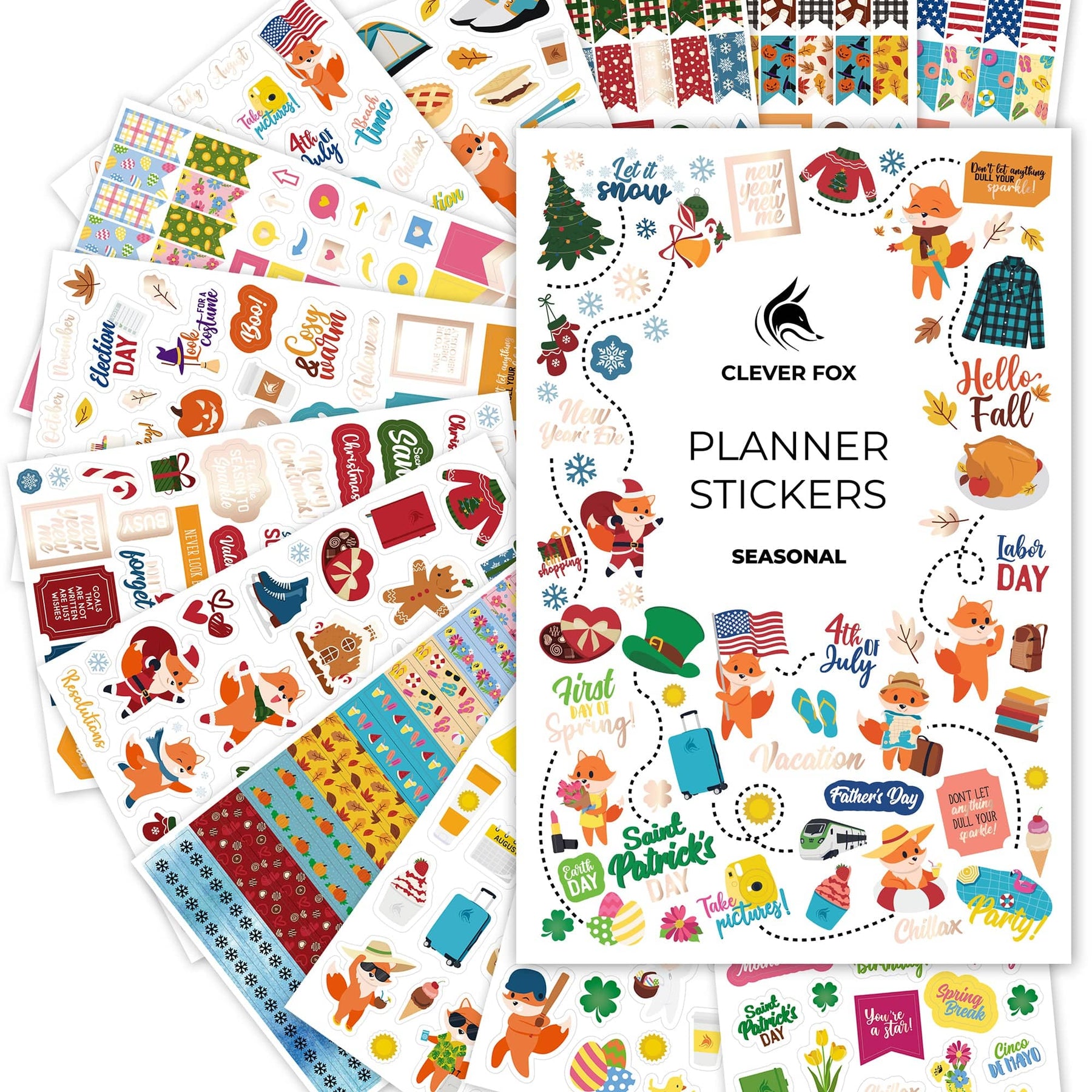 Clever Fox Seasonal Planner Stickers â€“ 600+ Month, Holiday & Seasons  Stickers for Your Planner, Monthly Journal & Calendar â€“ 18 Sheets, Set of  Stickers & Washi Tape by Clever Fox (Season 