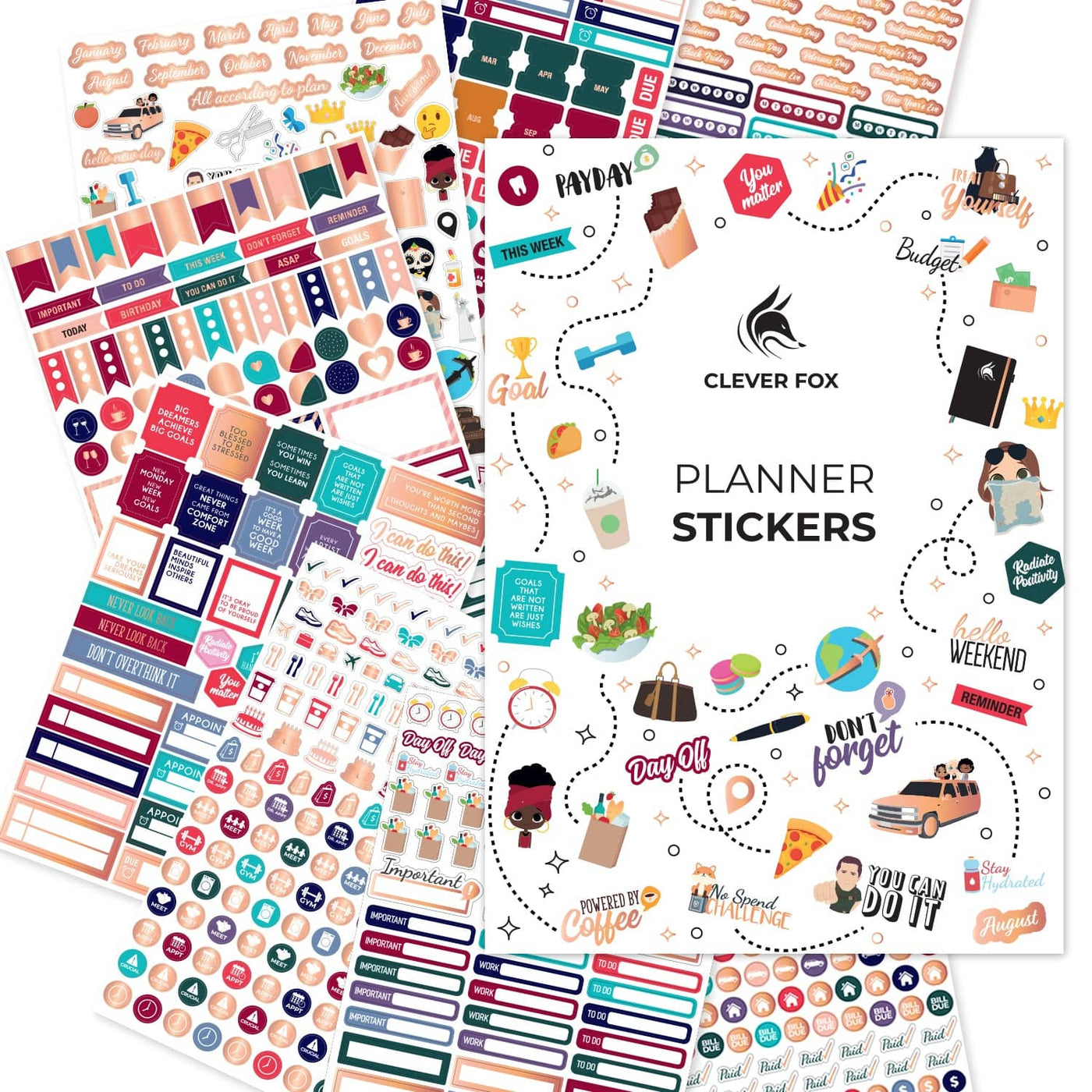 Clever Fox RNAB07HK9KDD6 planner stickers by clever fox - 1,500+  productivity, budget, fitness, mom, student, classic, number, holiday  stickers for yo
